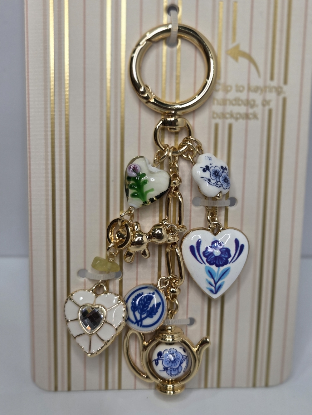 🤍▪️piper k▪️ UK Gold and White Teapot  Glass/Glass Stones  Floral Bag Charm - Picture 2 of 9